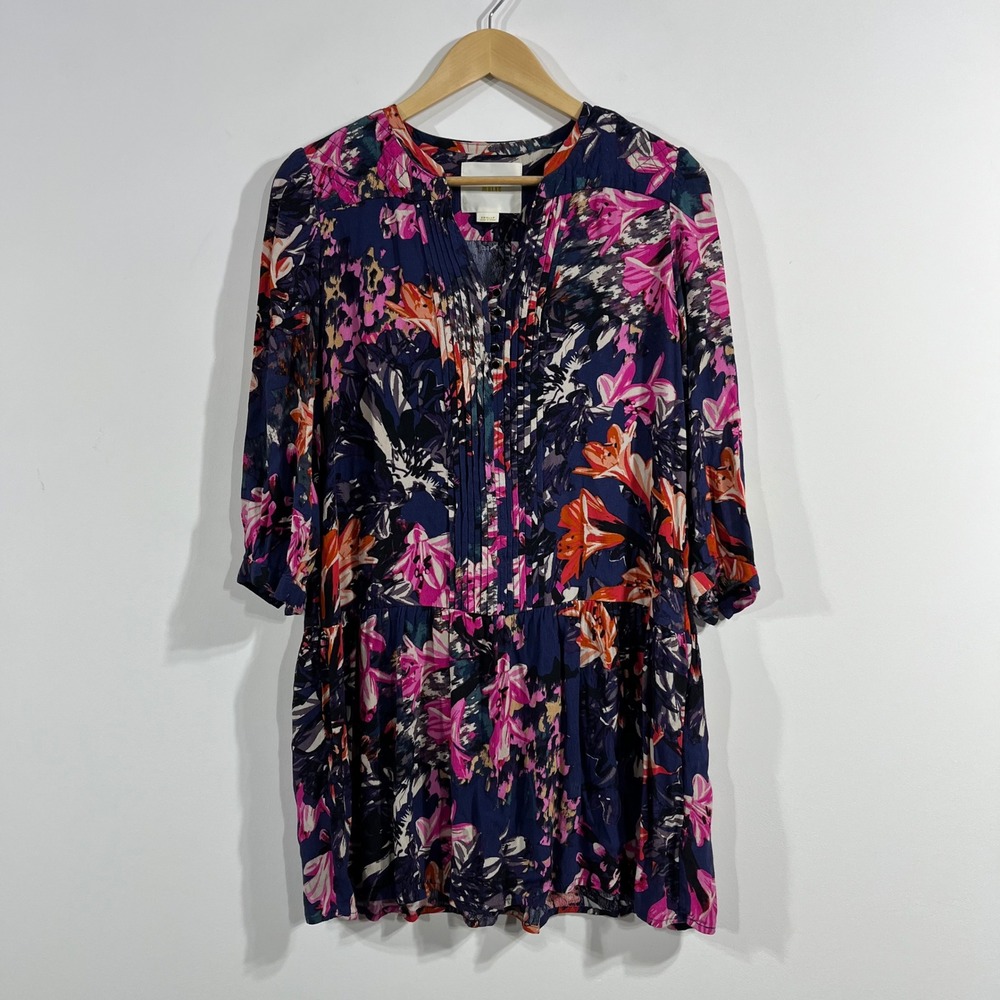 Maeve Boho Feminine Floral Pintuck Mini Dress Petite Small Pockets Wedding Guest